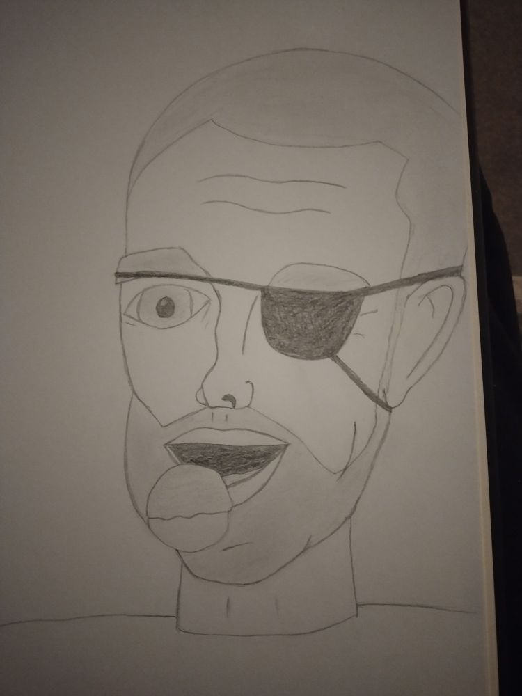 A pencil sketch of a man with real short hair and a beard who has an eyepatch on his left eye. His mouth is open and his right eye is wide. A profitterole is close to his mouth.