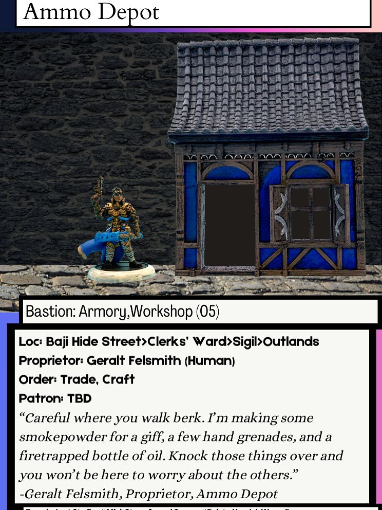 Mini by Steamforged Games. Terrain by Loot Studios. Image of a steampunk pistoleer standing next to the facade of a blue shoppe known to the locals as the ‘Ammo Depot’.