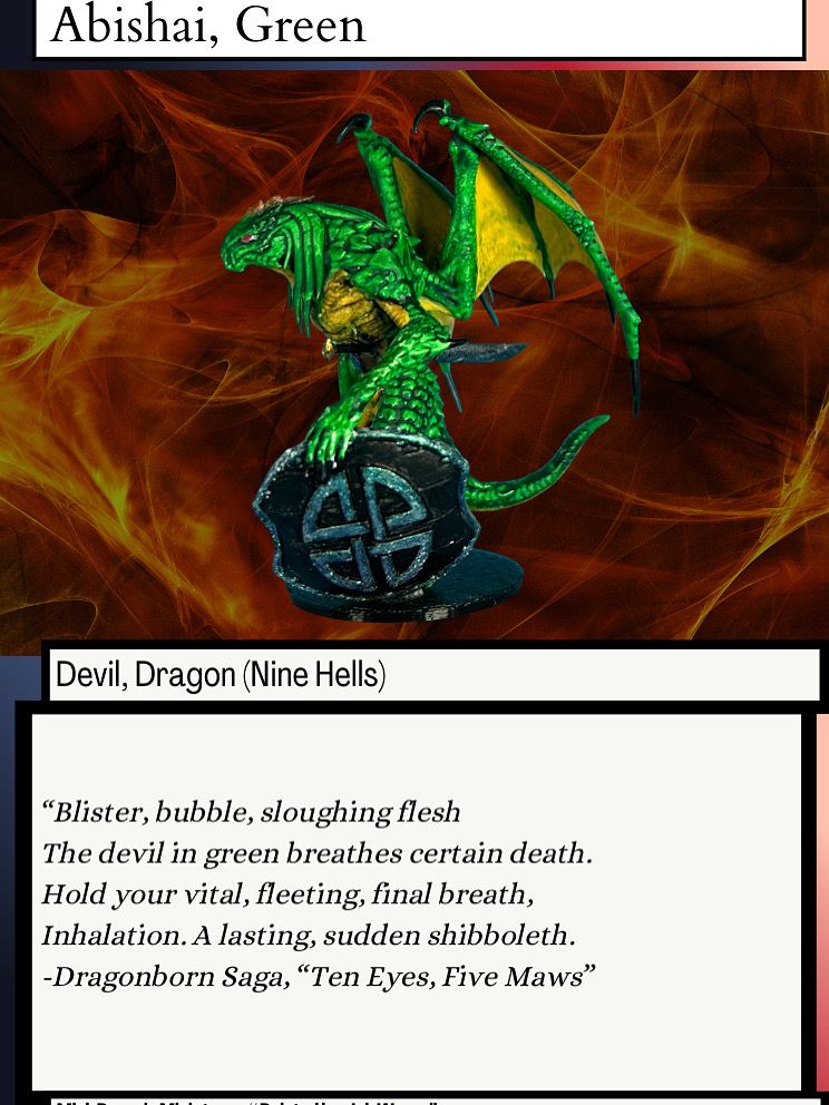 Creature card for the Green Abishai. Miniature by @rescaleminiatures.