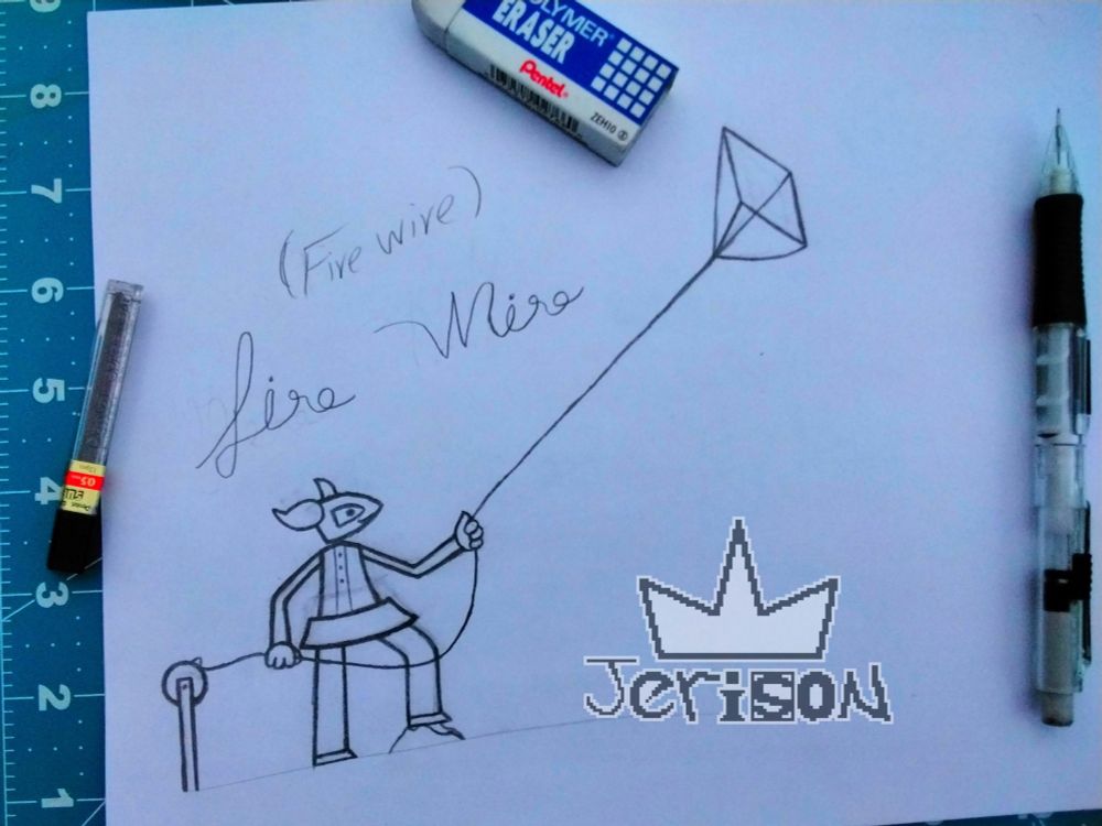 A horned character that is flying a kite high above her head
Her name is written above in cursive and plain text 