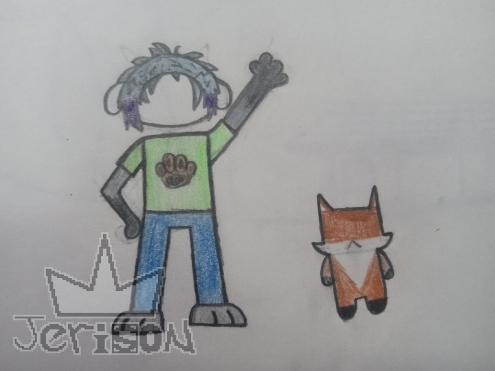 An anthro animal with grey fur, blue pants, and a green shirt with an orange paw on it waving next to a short anthropomorphic fox