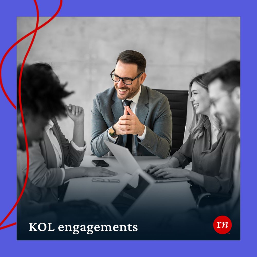 Image of people smiling and meeting around a table. "KOL engagement".