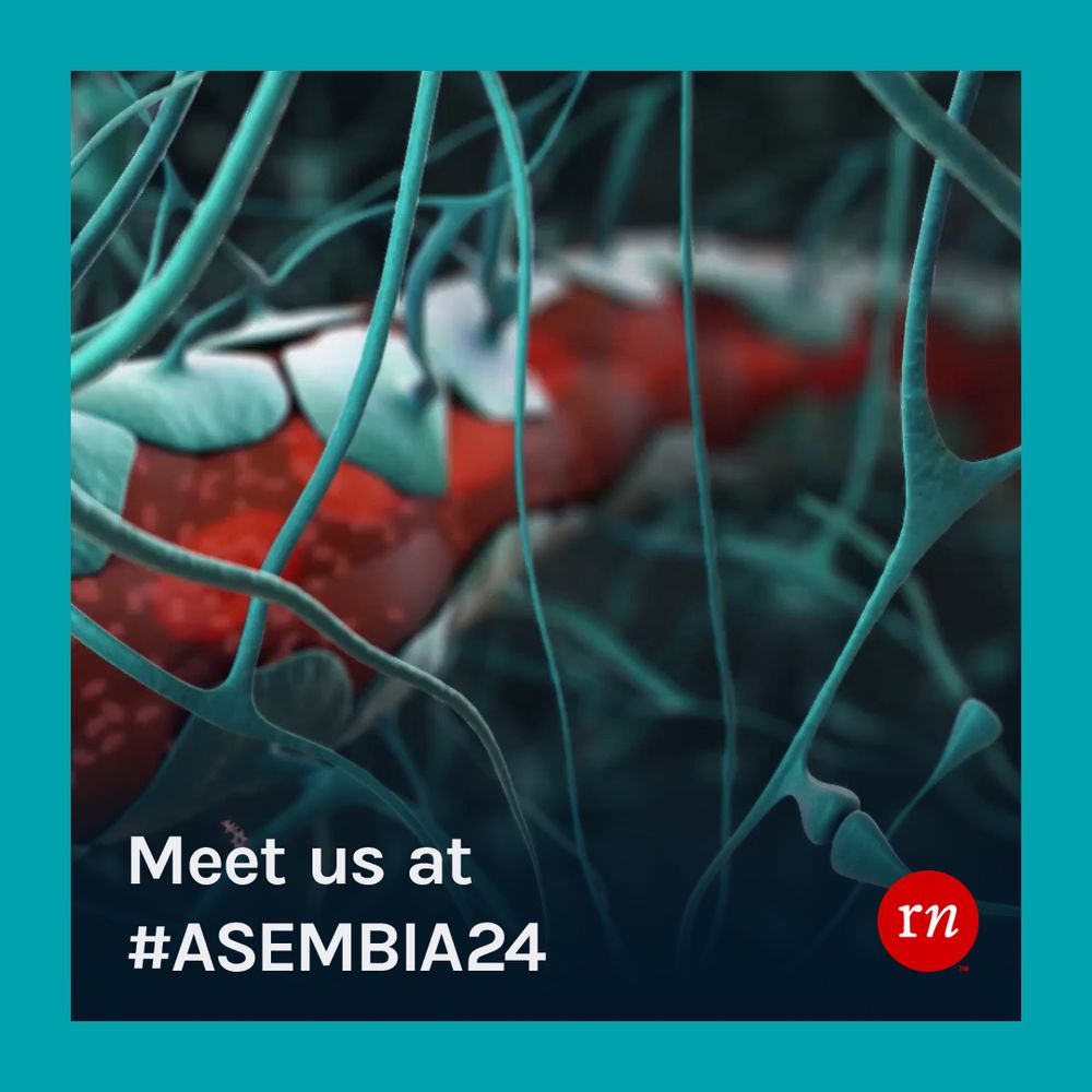 "Meet us at #Asembia24" - Red Nucleus logo. 
3d medical animation created in-house: dark image of teal and bright red, blood cells moving through a vessel with a web of filaments around in teal.