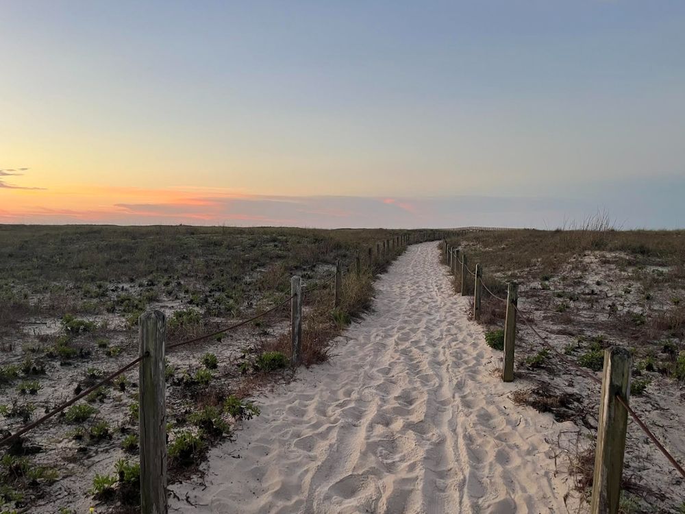 A sandy walkway to the Gulf of Mexico at daybreak