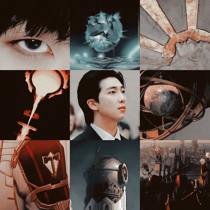 a moodboard featuring kim namjoon of BTS depicted as the character jayce from arcane/league of legends