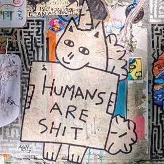 Simple line drawn cartoon of a cat holding a sign that says “Humans Are Shit” amidst other street graffiti 