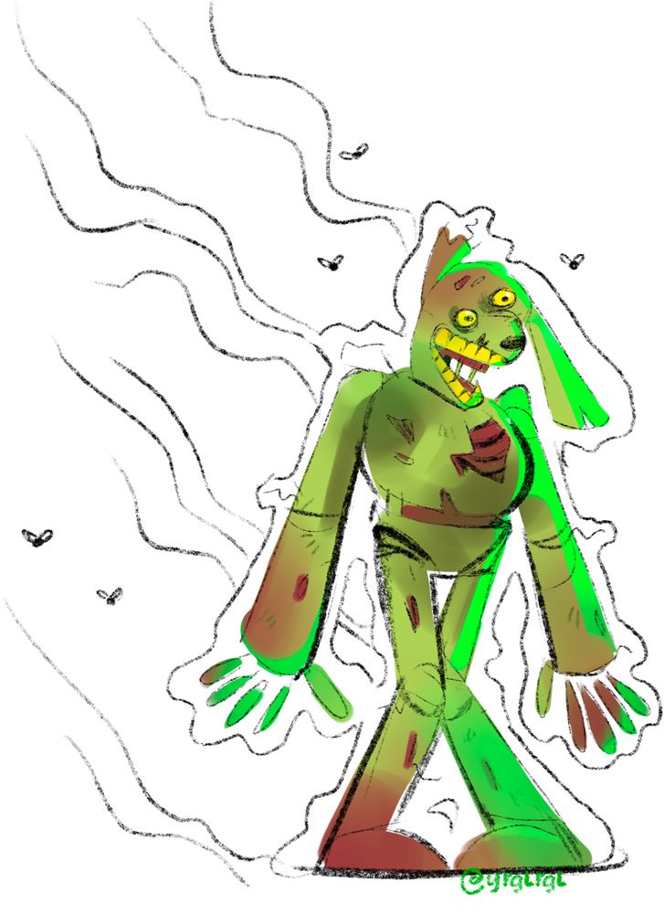 A digital drawing of springtrap with stink lines and flies coming off of him