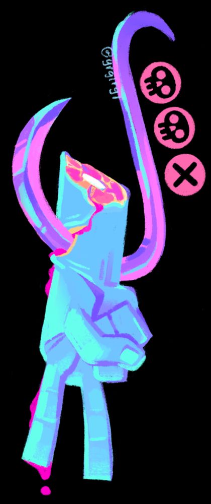A digital painting of a blue hand hanging on a pink meat hook and giving a peace sign. The painting has purple shadows and accents. The blood and muscle tissue of the hand is magenta. Along the side of the meat hook is the symbol for black, black, X in Magic The Gathering.