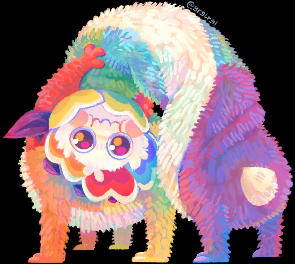 A digital painting of a fuzzy worm creature with rainbow stripes and four pairs of limbs. His head is surrounded in flower petals and is upside down as he grabs part of his body with his front pair of limbs.