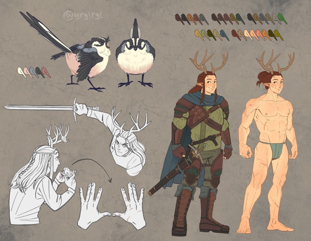 A reference sheet for a elf fighter named Kiri and his familiar named Trinket. Trinket is a long tailed tit with longer feathers over her beak and an extra line of black down the middle of her head and under each of her eyes. Kiri has red hair, green eyes, freckles, and deer antlers. His right hand is covered in smaller scars, and the rest of his body is scarred lightly. He wears green clothes, leather armor, and a blue cape and carries a short sword with a green gemstone in its handle. In the bottom left is a picture of Kiri making a jagged looking carving of Trinket. A single drop of blood is on his right hand. He is looking up at Trinket, who is perched on his antlers and watching angrily.