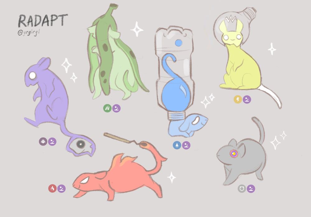A drawing of the shiny forms for a rat fakemon with six forms named radapt. The base form (bottom right) is a normal/poison type grey rat with multicolored eyes. The lightbulb form (top right) is a yellow electric/poison type with a broken lightbulb on its head and a bolt of electricity between its ears. The bottle form (middle) is a blue water/poison type with its lower body stuck in a water bottle, turning to liquid. The match form (bottom left) is a red fire/poison type with flame-shaped fur and a used match in its tail. The skull form (middle left) is a purple, levitating fire/ghost type anchored by a skull in its tail. The banana form (top left) is a green grass/poison type with an darker green banana peel on its head.
