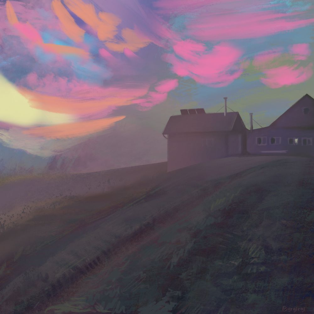 A digital painting of a house in a field at sunset. The lights are on in a singular window.