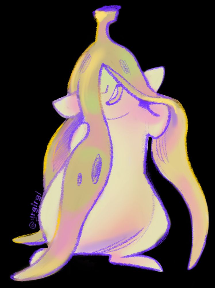 A shaded digital sketch of my fakemon radapt's banana form: a light yellow grass/poison type rat with an old banana peel on its head. It is smiling and holding up a part of the banana peel with its left paw. The lines and shadows are purple in hue.