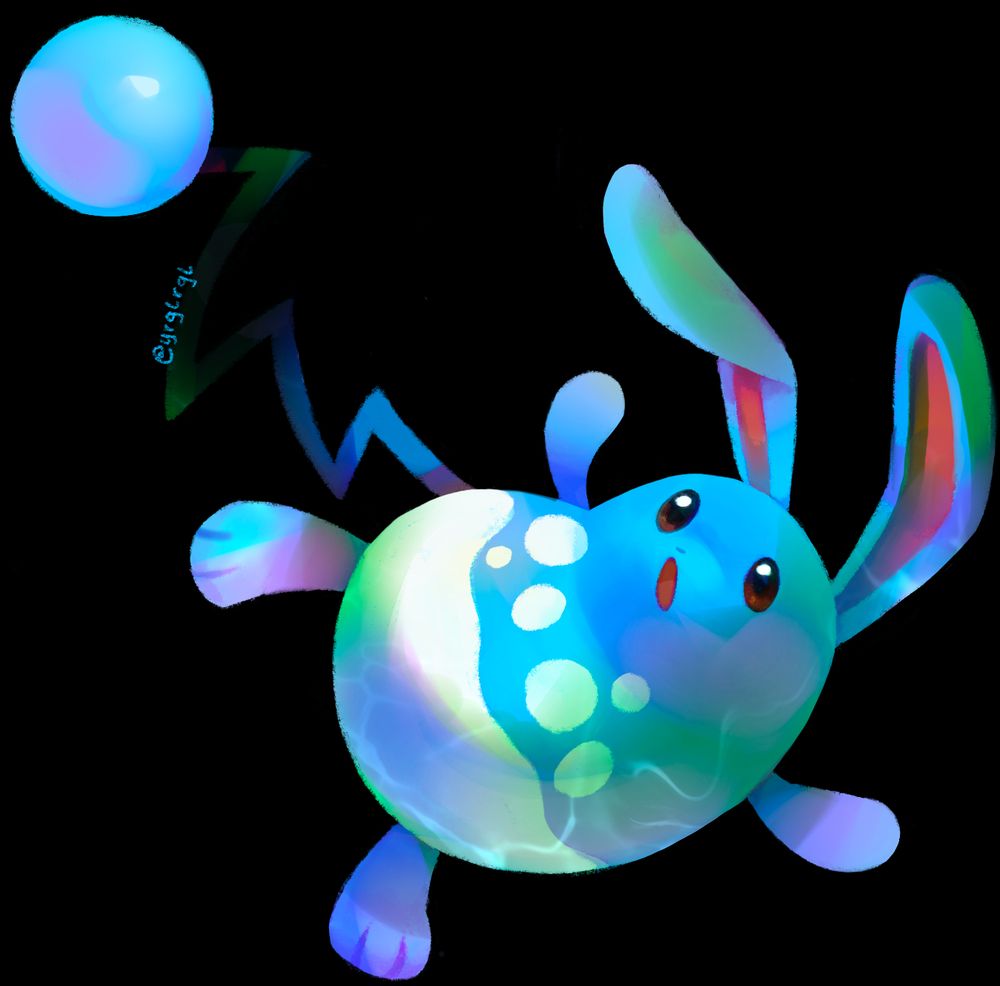 A digital painting of the pokemon azumarill. It is floating sideways with its arms spread out and its tail trailing above. There is a caustic underwater lighting effect on the downward-facing part of its body. It is looking up with open mouth.