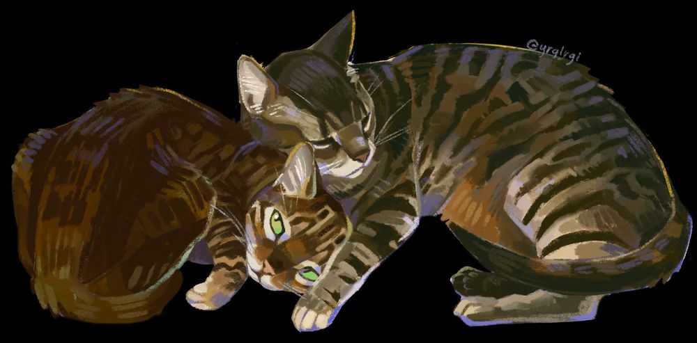 A digital painting of two tabby cats sitting with their heads on top of each other. The cat on the right has his eyes closed.