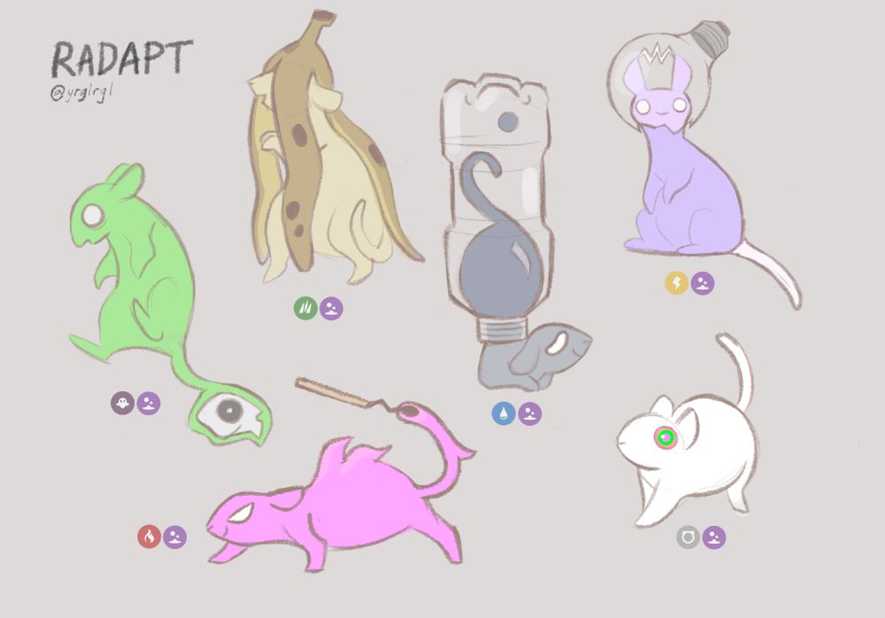 A drawing of a rat fakemon with six forms named radapt. The base form (bottom right) is a normal/poison type white rat  with multicolored eyes. The lightbulb form (top right) is a purple electric/poison type with a broken lightbulb on its head and a bolt of electricity between its ears. The bottle form (middle) is a blue-grey water/poison type with its lower body stuck in a water bottle, turning to liquid. The match form (bottom left) is a magenta fire/poison type with flame-shaped fur and a used match in its tail. The skull form (middle left) is a green, levitating fire/ghost type anchored by a skull in its tail. The banana form (top left) is a light yellow grass/poison type with an old banana peel on its head.