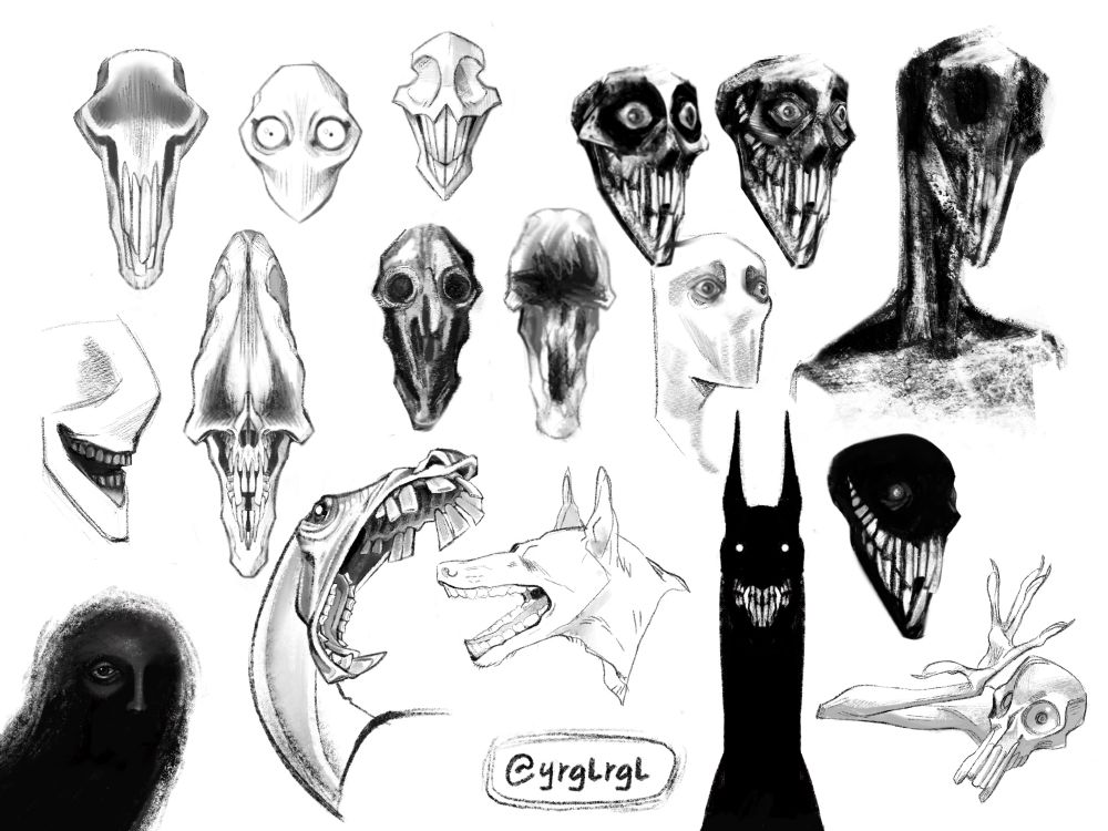 A page of horror character face ideas roughly rendered in black and grey. The the far right column and top two rows are gaunt skull-like and humanoid faces. In the bottom right corner is a dark silhouette with only its forehead, nose, and right eye lit dimly. Centered in the lowest row are three animal-like faces (a horse and two dogs). Many faces feature long teeth, missing eyes or empty eye sockets, and missing or obscured mouths. 