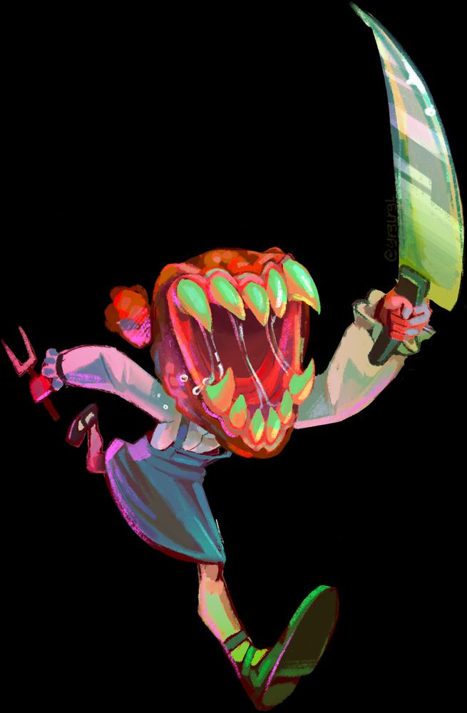 A digital painting of a character with a toothy meatball for a head wearing a pinafore and a white button down shirt. She is running with a knife in one hand and a serving fork in the other.
