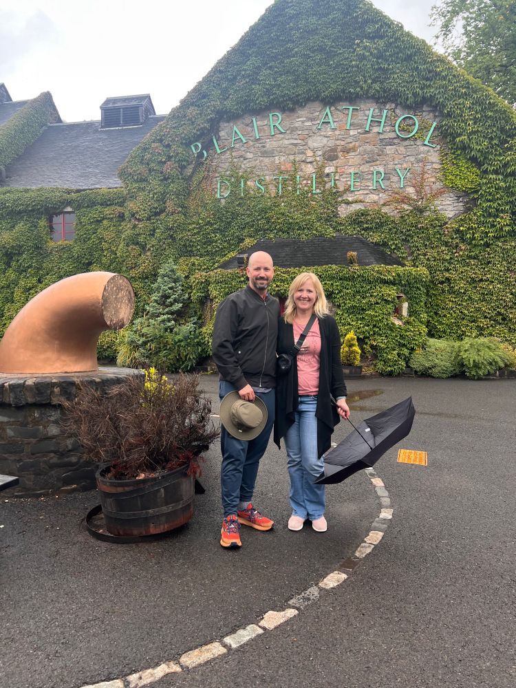 Keely & Steven in front of Blair Athol Distillery in Pitlochry, Scotland. 