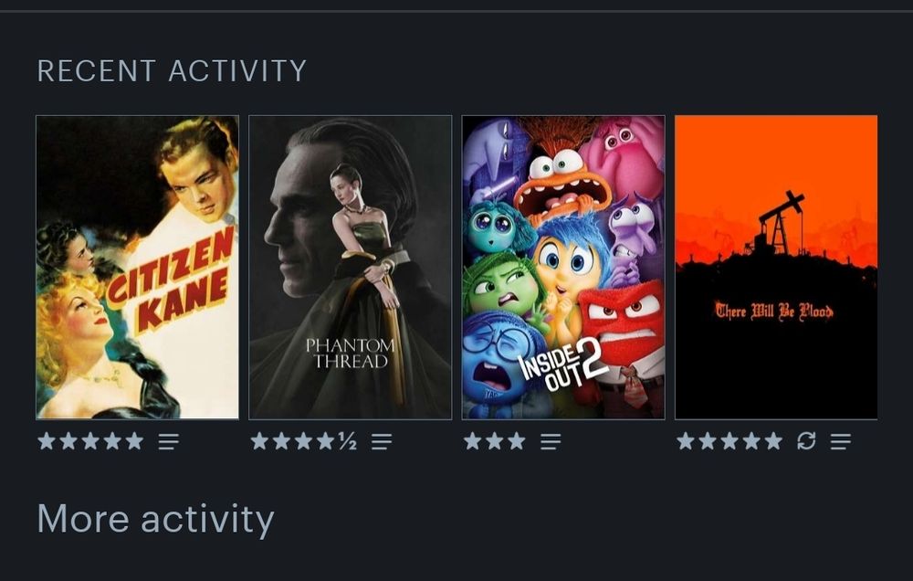 Screenshot do letterbox, mostrando os 4 últimos filmes: Cidadão Kane, Trama Fantasma, Divertidamente 2 e Sangue Negro.