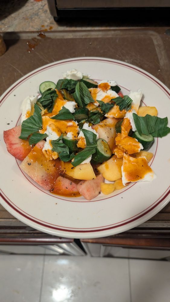 Colorful salad of peaches, cucumbers, mozzarella and basil on a plate