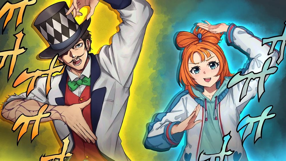 William Zeppeli and Minamo Sorano in matched fighting stances emanating yellow and aqua auras respectively 