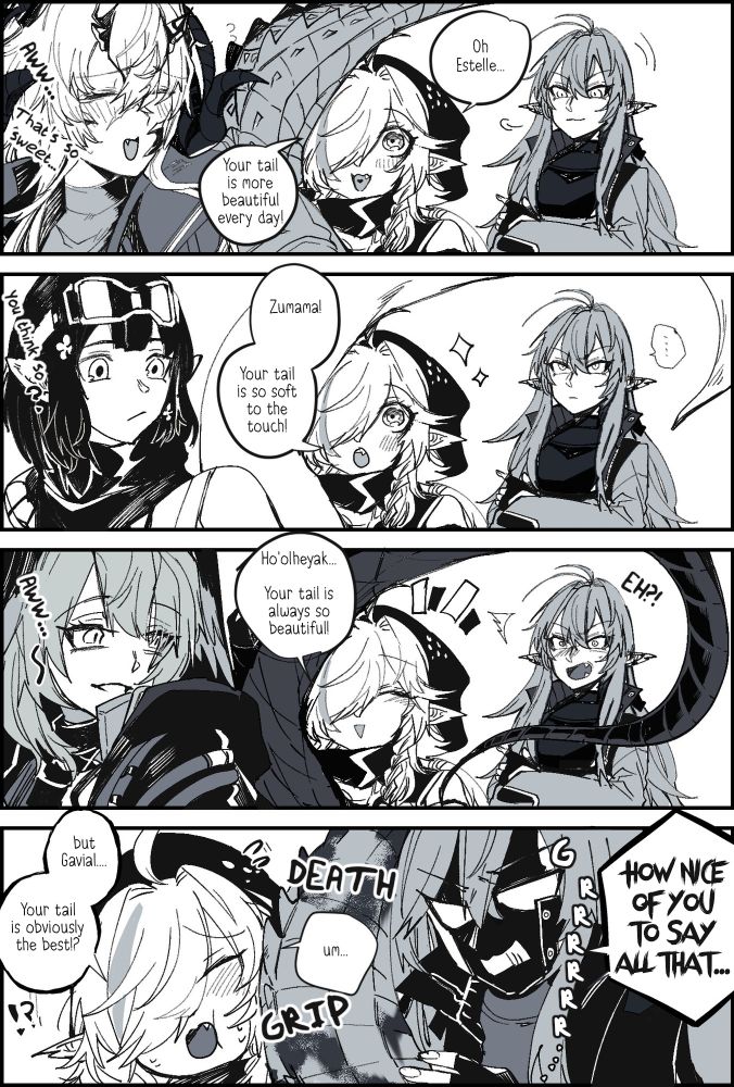 Panel 1:
Estelle walks by and Tomimi gushes with praise. Estelle reacts bashfully. Gavial looks on with amusement.

Tomimi: Oh Estelle... your tail is more beautiful every day!
Estelle: Aww... that's so sweet...


Panel 2: Zumama walks by and Tomimi gushes with praise. Zumama reacts with confusion. Gavial looks annoyed.

Tomimi: Zumama! Your tail is so soft to the touch?
Zumama: You think so?

Panel 3
Ho'olheyak walks by and Tomimi gives praise cheerfully. Ho'olheyak reacts with amusment. Gavial is angry.

Tomimi: Ho'olheyak... your tail is always so beautiful
Ho'olheyak: Aww...
Gavial: EH?!

Panel 4: Gavial is clutching Tomimi tightly and shoving her tail in Tomimi's face. Gavial has a frightening expression.

Gavial: *How nice of you to say all that...*
Tomimi: um... but Gavial... your tail is obviously the best!