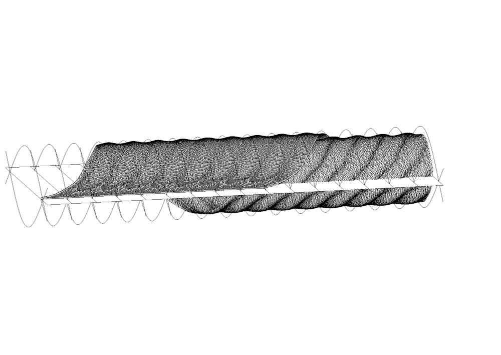 A surface that rolls up. Black polygons on a white surface. The surface has wavy corrugations. Seen from off diagonal with time coming toward the viewer and left to right. The hoops are the heterclinic connections in the undamped unforced pendulum. They connect the unstable (up) fixed point with the stable (down) fixed point, and are shown at the end of each period of the forcing.