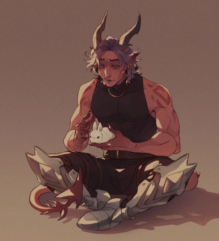 Muscular tiefling man with red skin and purple hair sits cross-legged on the ground. He gently holds a white bunny in his hands and looks at it with an adoring expression.  He wears a plain black tank top, trousers, and metal grieves.