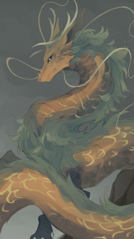 A bronze, eastern-style dragon with a blue mane. 