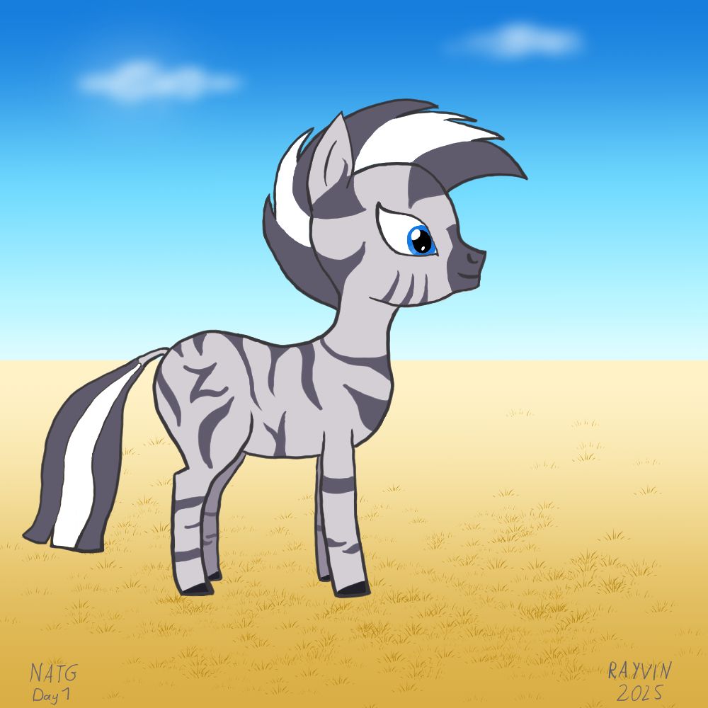 Young MLP-Stype zebra on a sunny day in the steppes.