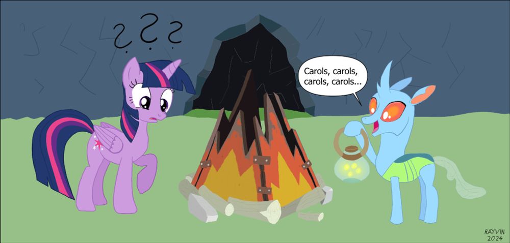 On older drawing I made with a scene I would have liked to have seen in the series with Twilight visiting the Changelings and experiening their interpretation of the Hearth's Warming rituals she had related to them in writing.