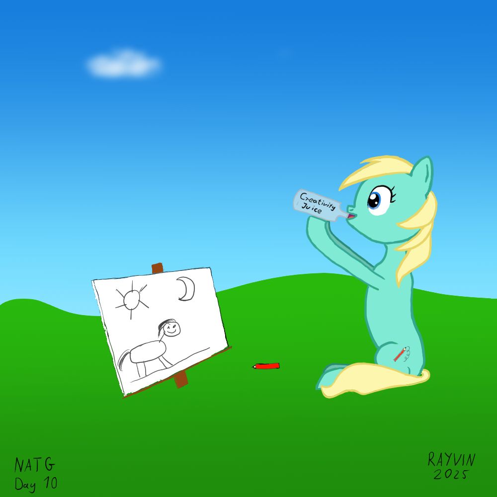 A pony sitting on a meadow with a painting canvas drinking a literal bottle of "Creativity Juice".