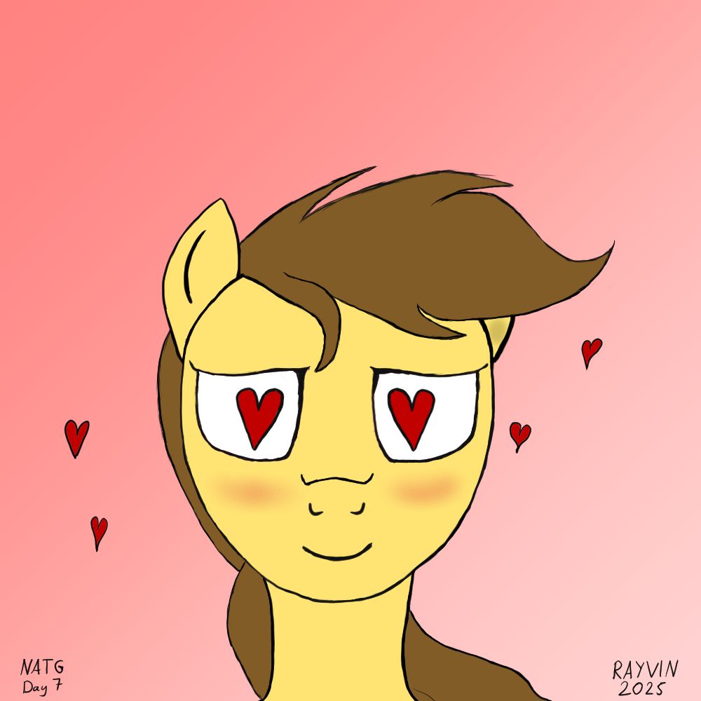 An MLP style pony with yellowish color and a brown mane. She blushes as she meets the love of her life and has red hearts instead of pupils in her eyes, to symbolize how lovestruck she is. Also, she is surounded by four small read heats that float around her. The background is a diagonal gradient from light red or pink to a lighter tone of the same color.