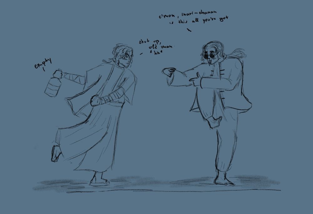 A sketch of two Naruto OCs fighting, visibly drunk. The one in sunglasses, called Jazz Lee, is saying “Cmon Inari-chan, is this all you’ve got?”
The other one, holding an empty bottle, lunging towards Jazz is saying “Shut up, old man!”

(Age difference between them is a few years)