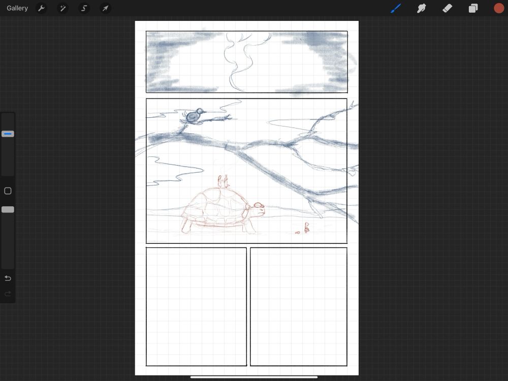 A sketch of a page from my comic.
First panel shows smoke
Second panel is showing a wider setting. Two characters standing on top of a giant tortoise. 