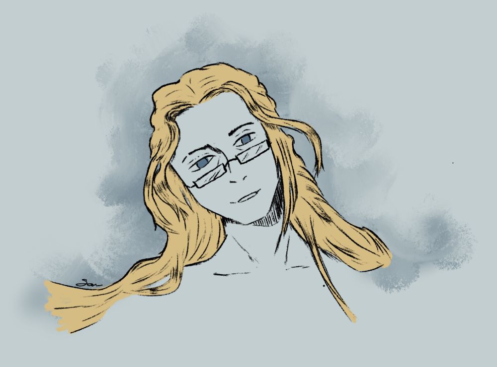 Drawing of Mercio, a male character with long blond hair and blue eyes. 