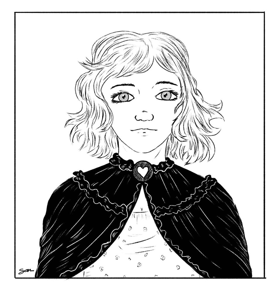 Black and white portrait of a female character with short hair and black cape over her