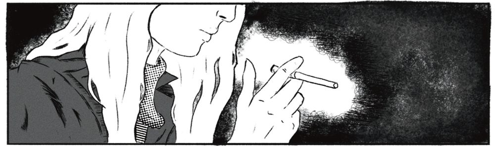 wide panel of mercio pulling a cigarette closer 

drawn in grayscale, almost manga-like style