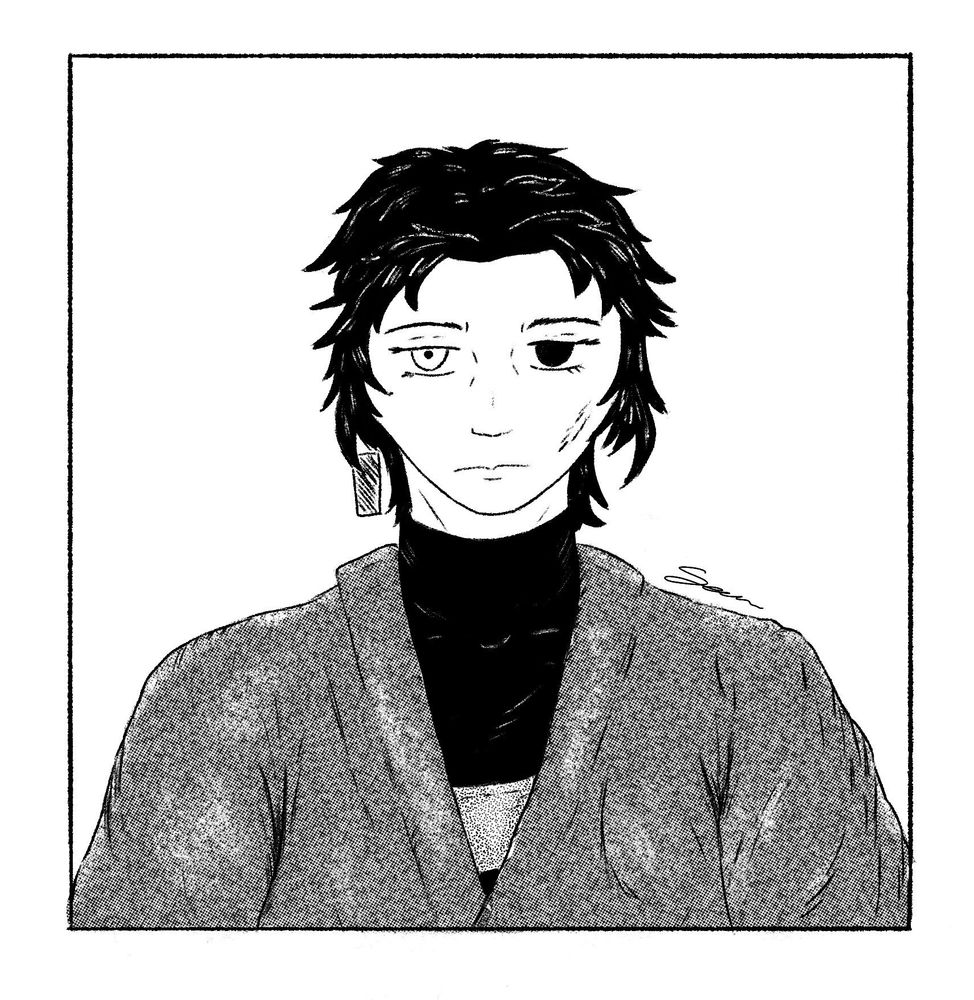 Character portrait in black and white manga style. 