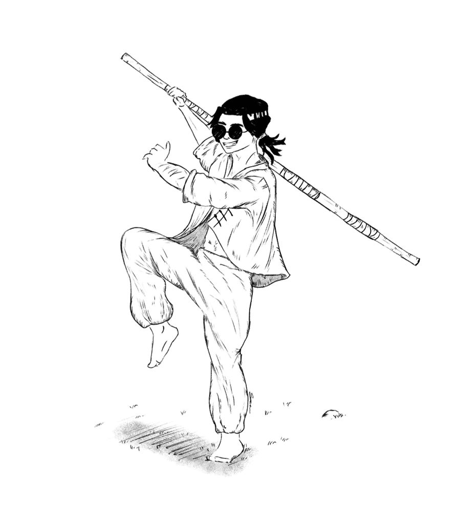 Drawing of a Naruto OC, a guy wearing shades and traditional clothes, similar to what Bruce Lee wore and he has a staff in one hand resting over his shoulder. He is mid pose, with one of his legs up.
Style is monochrome. 