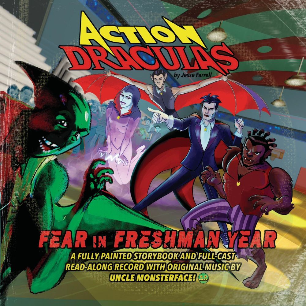 Action Draculas book-and-record cover: in a high school gymnasium, a shadowy green pterodactyl man turns toward the reader menacingly. To his right the four Action Draculas- ordinary teens each with one of Dracula's powers- are poised to stop him. High school students cower in the background.