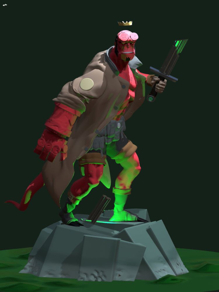 Digital sculpture of Hellboy, holding a broken sword, standing on a rocky outcropping over a pool of green slime