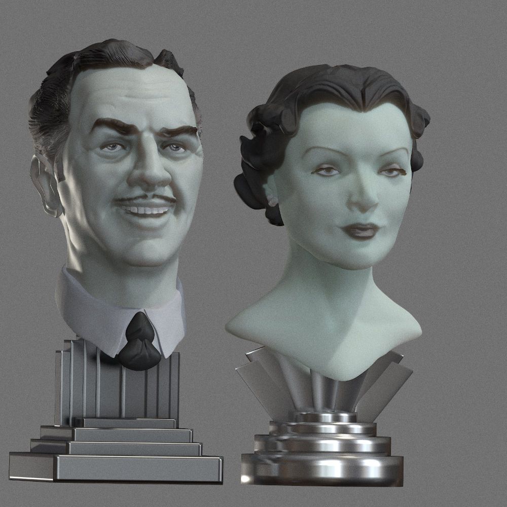 Digital busts of Nick and Nora Charles from The Thin Man on Art Deco plinths