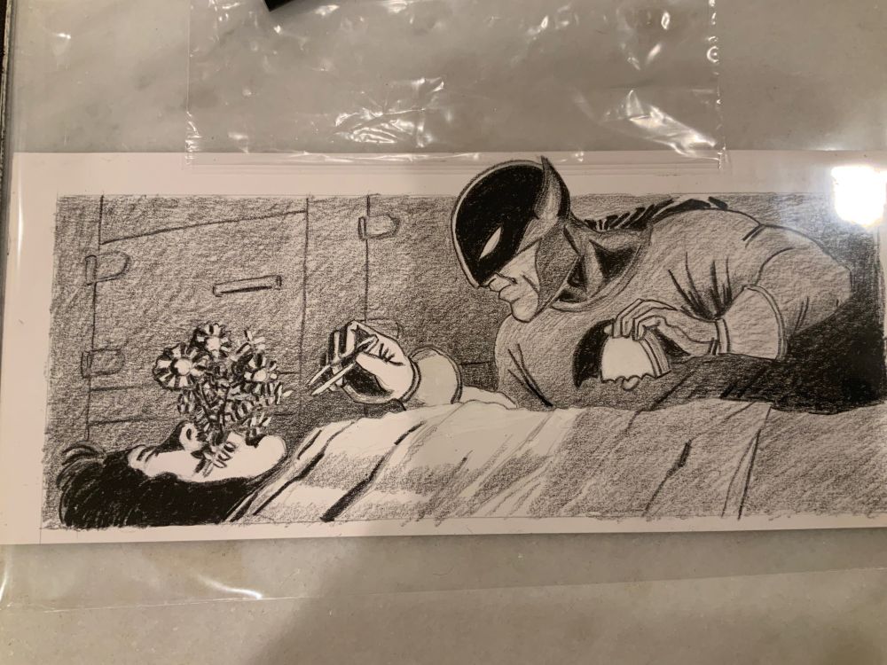drawing of Batman in a morgue examining a corpse with flowers growing from its mouth