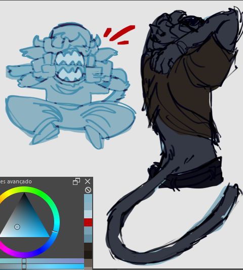 desenho digital de uma criatura cinzenta humanoide coberta por pelos e com um rabo longo 