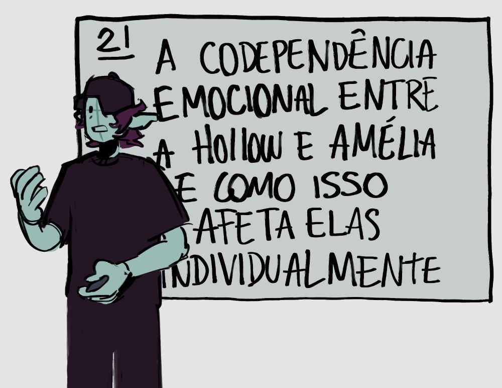 desenho digital de uma pessoa palestrando com um slide aberto de fundo. Nele está escrito: 21. a codependência emocional entre a Hollow e Amélia e como isso afeta elas individualmente.