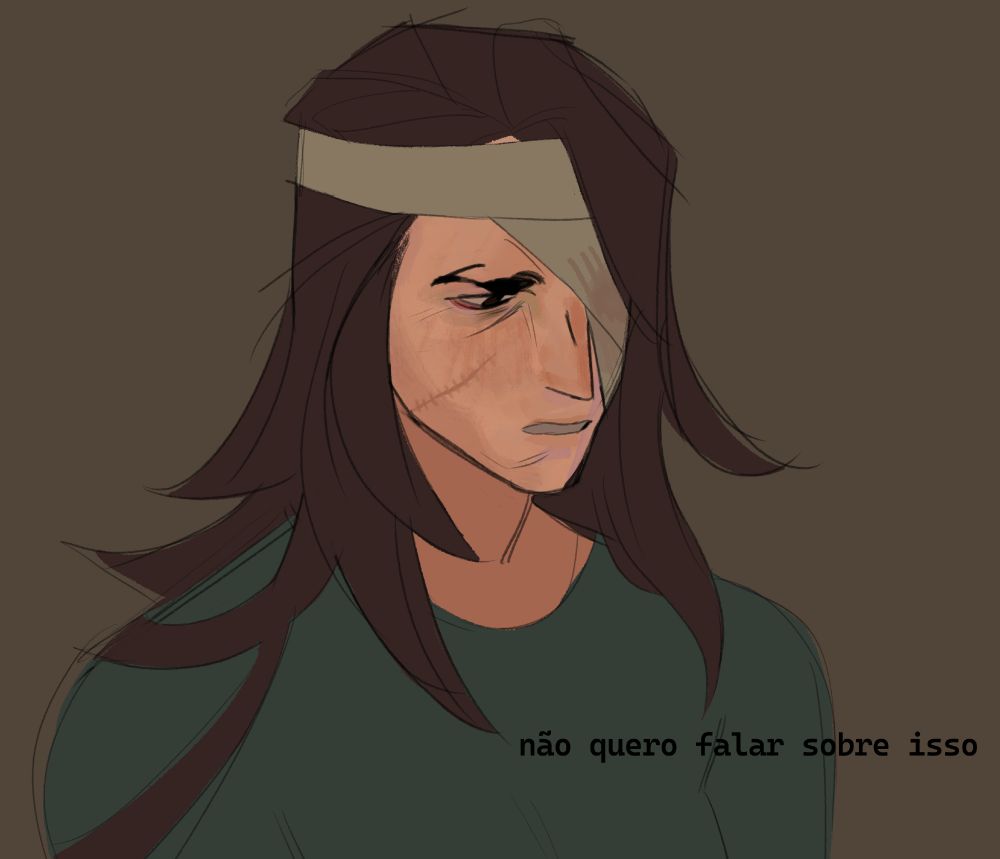 Desenho digital da mesma mulher de antes, de pele pálida coberta por cicatrizes. Agora ela veste uma blusa escura e faixas em volta do lado esquerdo do rosto. Dessa vez ela tem uma compostura taciturna enquanto diz "não quero falar sobre isso". O cabelo dela é liso e em camadas.