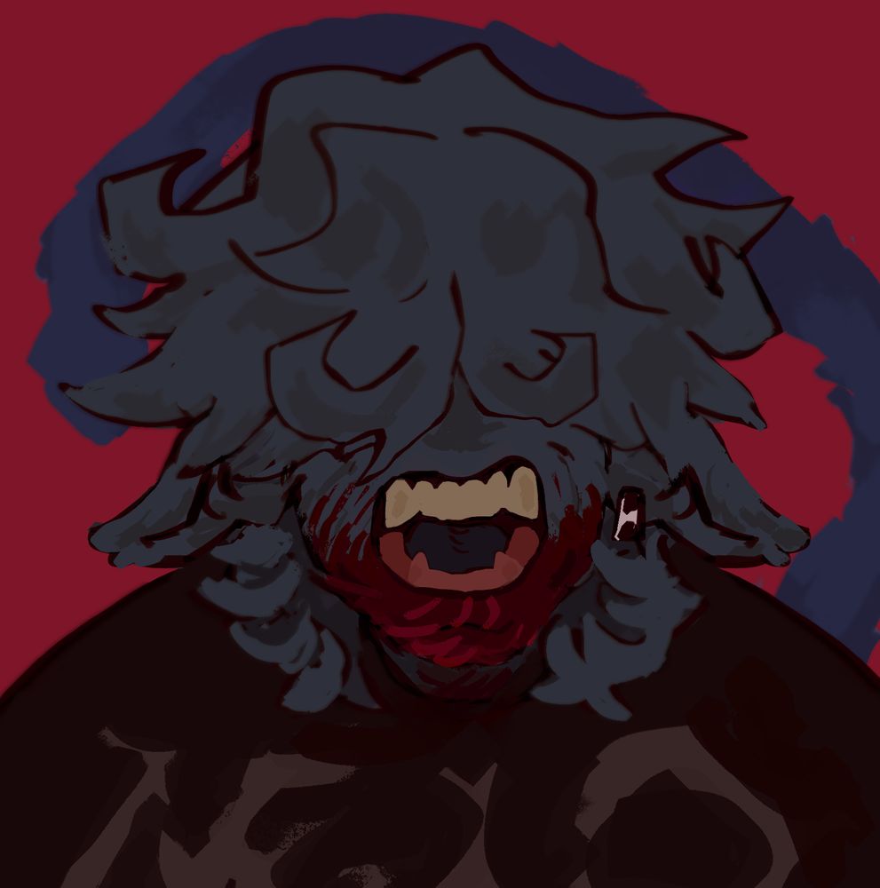 criatura cinzenta humanoide coberta por pelos e com a boca suja de sangue