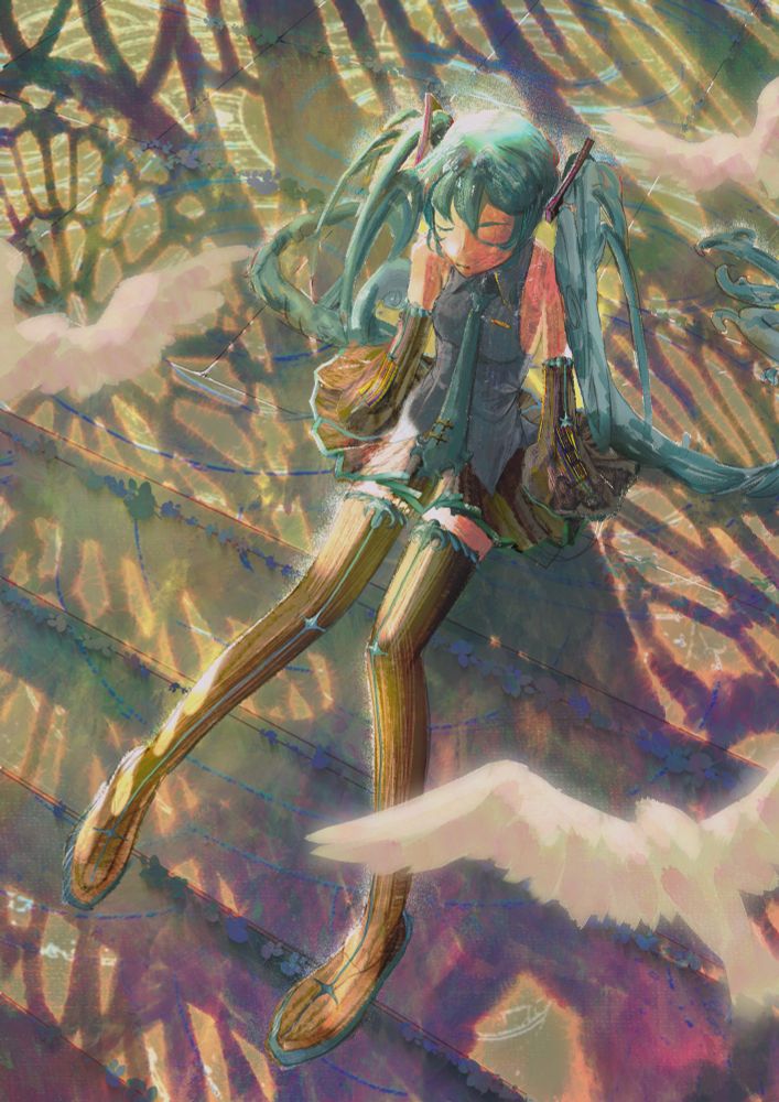 Digital illustration of Hatsune Miku sitting on stone stairs, the stairs are covered in shallow water and sprouts are growing between the tiles. 